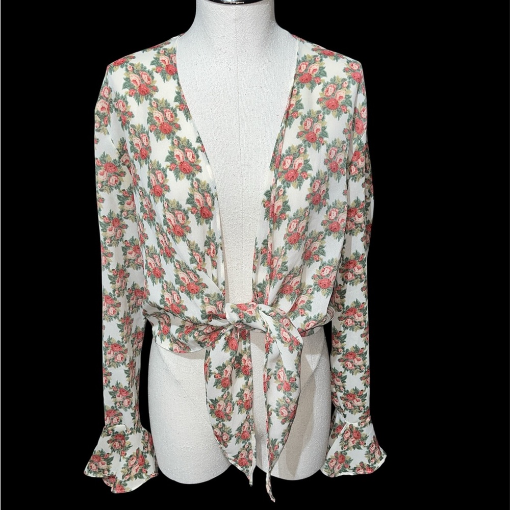 Y2K Anxiety vintage front tie blouse medium floral fairy feminine ruffle sleeve